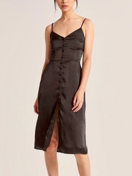 Abercrombie & Fitch Dresses & Skirts - Abercrombie & Fitch Black Button Down Satin Slip Midi Dress Size L